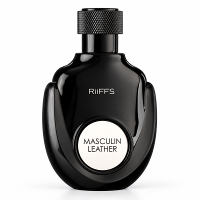 Frasco de perfume preto com texto RiiFFS e MASCULIN LEATHER