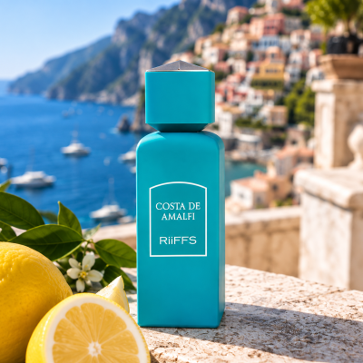 Frasco azul turquesa com texto COSTA DE AMALFI RiiFFS junto a limões frente a costa marítima