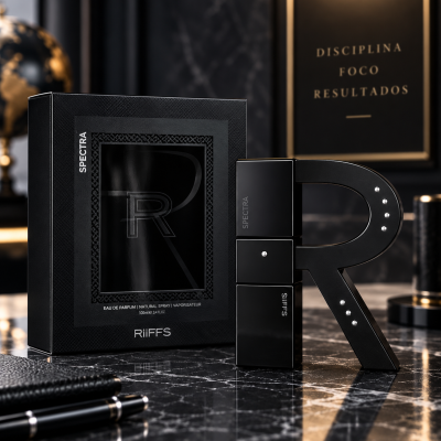 Frasco de perfume em forma de R preto e caixa preta sobre mesa de mármore