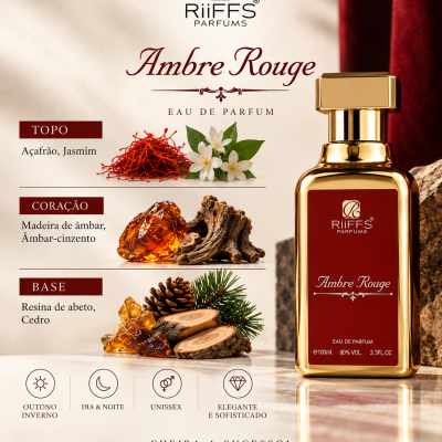 Frasco dourado de perfume Ambre Rouge com rótulo vermelho da marca RiiFFS Parfums junto a ingredientes naturais e texto descritivo.