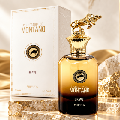 Frasco de perfume dourado e castanho com caixa branca ao fundo