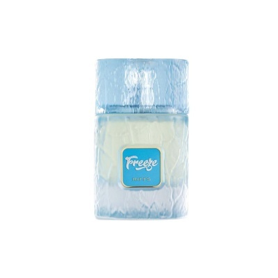 Frasco de perfume azul claro texturizado com etiqueta 'Freeze'
