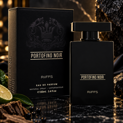 Frasco e caixa de perfume preto elegante PORTOFINO NOIR sobre superfície de mármore preto