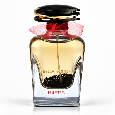 Frasco de perfume Bella Rouge com líquido dourado e detalhes em vermelho e preto