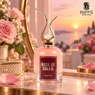 Frasco de perfume Rose de Soleil da RiiFFS com tampa dourada e pérola sobre superfície espelhada e cenário ao pôr do sol.