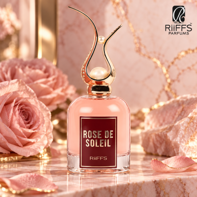 Frasco de perfume cor de rosa com tampa dourada e etiquetas em fundo com flores cor de rosa.