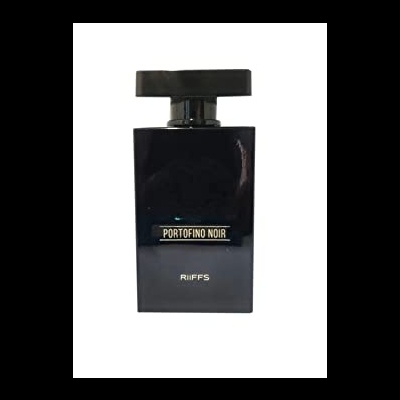 Frasco de perfume preto com texto PORTOFINO NOIR e RIFFS