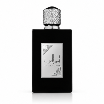 Frasco preto de perfume com placa metálica e tampa prateada texturizada.