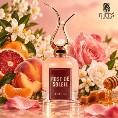 Frasco de perfume Rose de Soleil RiiFFS com frutas e flores ao redor.
