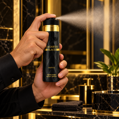 Spray corporal RiFFS Magnetic Black preto com detalhes dourados a ser usado, fundo de casa de banho em mármore preto e dourado.