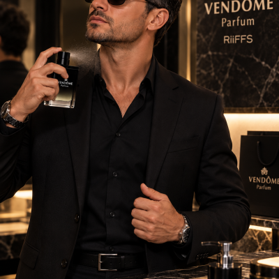 Homem com fato preto aplicando spray de perfume VENDÔME Parfum RiiFFS junto a bancada de mármore negro