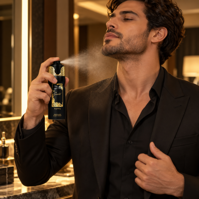 Homem a borrifar spray corporal perfumado RIFFS Scarlet no pescoço, com embalagem preta e dourada.