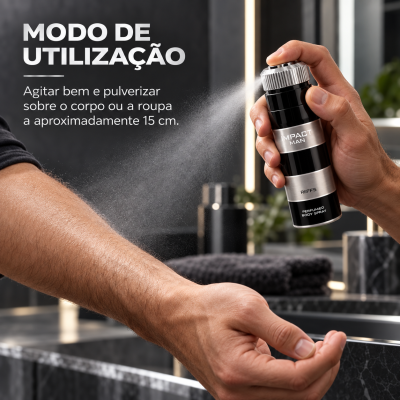 Pessoa borrifando spray corporal Impact Man no braço de outra pessoa numa cozinha moderna