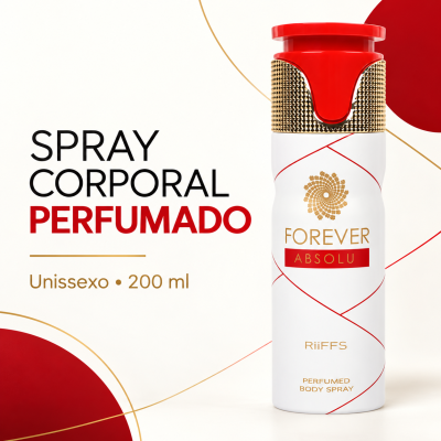 Frasco branco com tampa vermelha e detalhe dourado de spray corporal perfumado Forever Absolu 200 ml