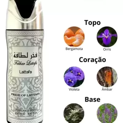 Frasco de spray perfumado Lattafa com notas olfativas indicadas ao lado