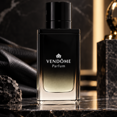 Frasco de perfume preto Vendôme Parfum sobre mármore negro