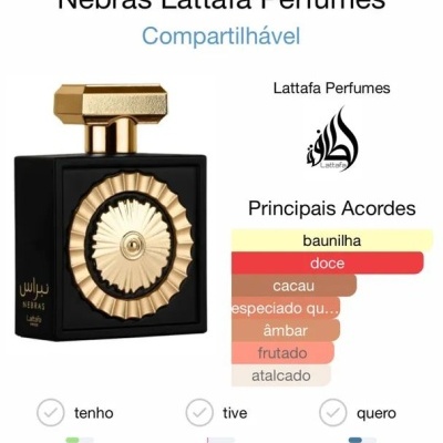 Frasco preto e dourado de perfume Nebras Lattafa com lista de aromas