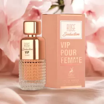 Frasco de perfume Rose Seduction VIP Femme com embalagem cor de rosa e dourada