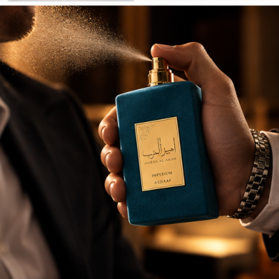 Frasco de perfume azul com rótulo dourado borrifado em modelo masculino