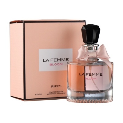 Perfume LA FEMME BLOOM com garrafa de vidro, tampa preta e caixa rosa