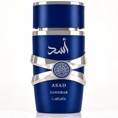 Frasco azul escuro com detalhes prateados de perfume ASAD ZANZIBAR Lattafa