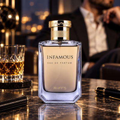 Frasco de perfume INFAMOUS EAU DE PARFUM RiiFFS com tampa dourada sobre mesa de mármore