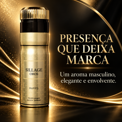 Frasco dourado de spray corporal perfumado masculino SILLAGE OROS RiiFFS e texto promocional em português.