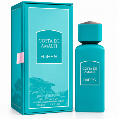 Frasco e caixa turquesa de perfume Costa de Amalfi RiiFFS