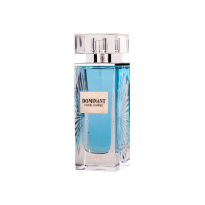 Frasco azul e transparente de perfume Dominant Pour Homme