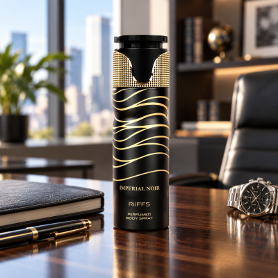 Frasco preto e dourado de spray corporal perfumado Imperial Noir sobre mesa de madeira