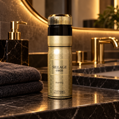 Spray corporal perfumado dourado SILLAGE OROS com tampa preta e dourada num banho luxuoso.