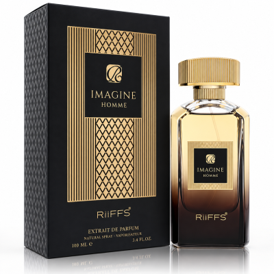 Perfume masculino Imagine Homme da RiiFFS com frasco âmbar e caixa preta e dourada