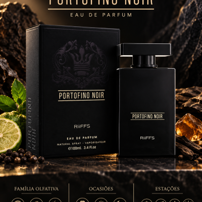 Frasco de perfume preto Portofino Noir ao lado da embalagem preta com texto dourado em fundo escuro