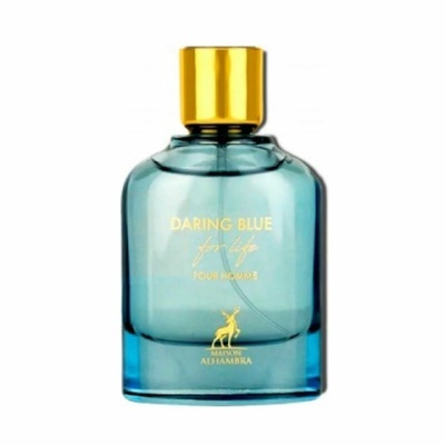 Frasco de perfume azul com tampo dourado e texto dourado.