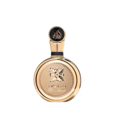 Frasco de perfume dourado redondo com tampa preta e dourada e texto em árabe.