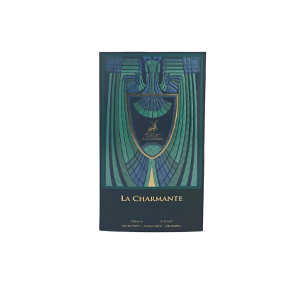 Embalagem azul escura com padrão geométrico verde e azul e texto dourado ALHAMBRA LA CHARMANTE 3 LITROS