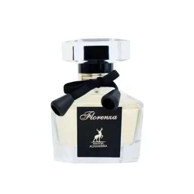 Frasco de perfume Florenza com tampa branca e laço negro