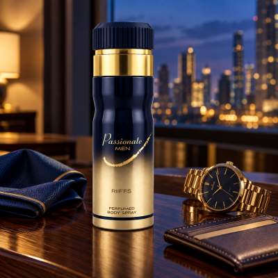 Frasco de body spray perfumado Passionale MEN azul e dourado numa mesa com acessórios masculinos e vista noturna da cidade