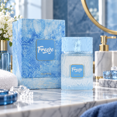 Perfume Freeze RiiFFS em embalagem azul sobre mármore com acessórios de banho