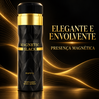 Frasco preto e dourado de perfumador corporal em spray com texto ao lado