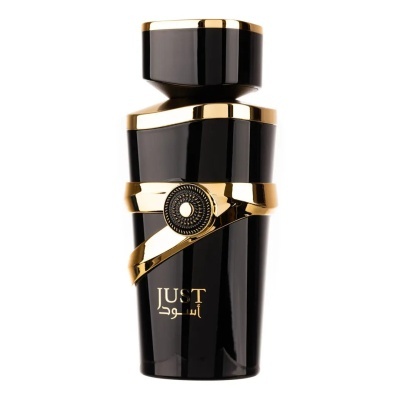 Frasco preto brilhante de perfume com detalhes dourados e texto JUST em dourado.
