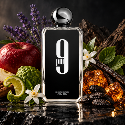 Frasco de perfume 9 pm com ingredientes naturais em fundo escuro