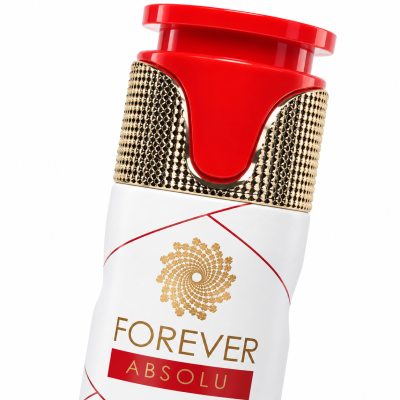 Frasco cosmético branco com tampa vermelha e detalhes dourados e texto FOREVER ABSOLU.