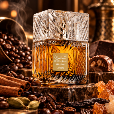 Frasco de perfume KHAMRAH QAHWA Lattafa em vidro texturizado com decoração de café e especiarias.