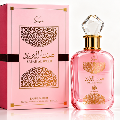 Frasco e caixa de perfume rosa com detalhes dourados e texto SABAH AL WARD