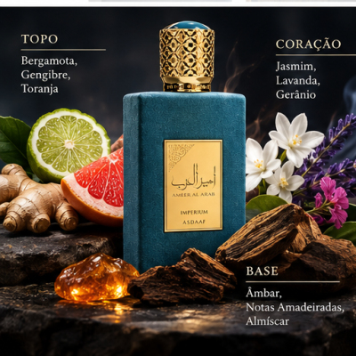 Frasco de perfume azul turquesa com tampa dourada, etiqueta dourada e ingredientes aromáticos ao redor