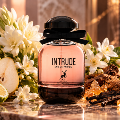 Frasco de perfume rosa claro com tampa preta e laço preto rodeado por flores brancas, pêra, limão e vagens de baunilha
