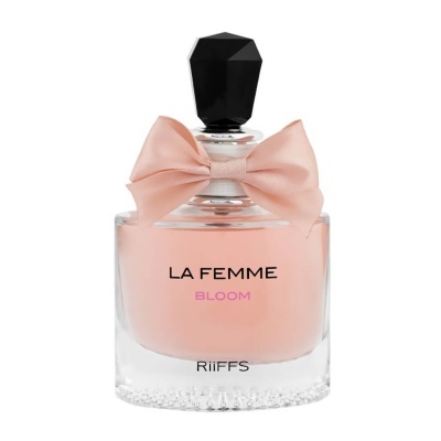 Frasco de perfume 'LA FEMME BLOOM' com laço rosa e tampa preta