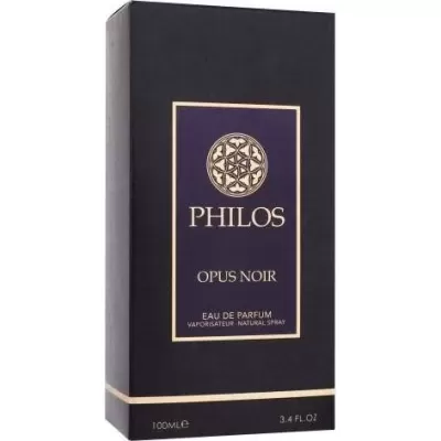 Embalagem de perfume PHILOS OPUS NOIR preta e roxa escura com texto dourado