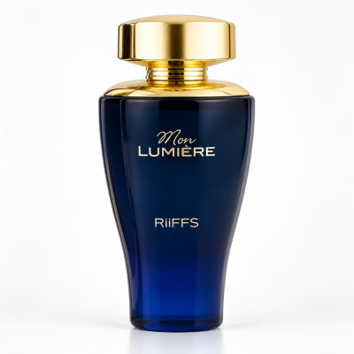 Frasco de perfume azul escuro com tampa dourada e texto Mon LUMIÈRE RiiFFS